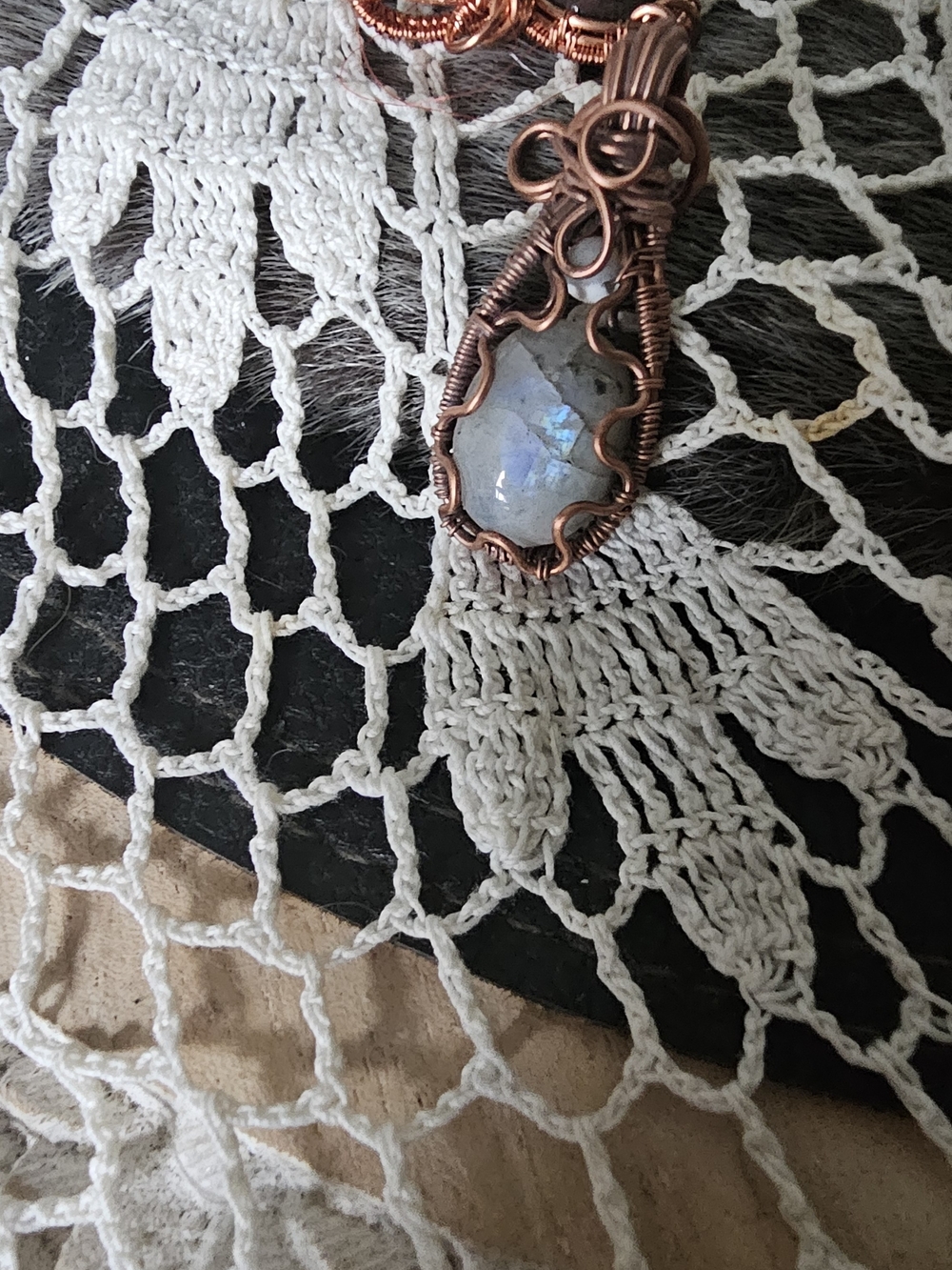 Handcrafted Copper Wire Wrapped Moonstone Pendant - Blue Flash